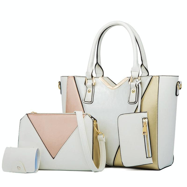 3 Pce Faux PU Leather V Top Diagonal Tote Shoulder Crossbody Bag Card Holder White