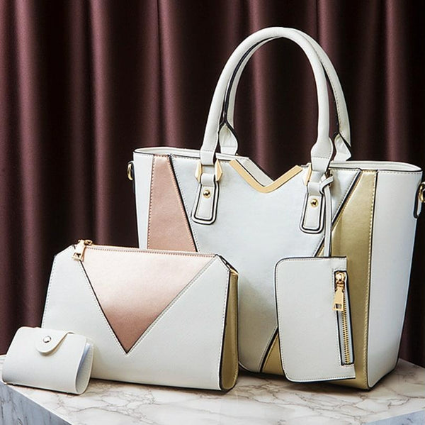 3 Pce Faux PU Leather V Top Diagonal Tote Shoulder Crossbody Bag Card Holder White