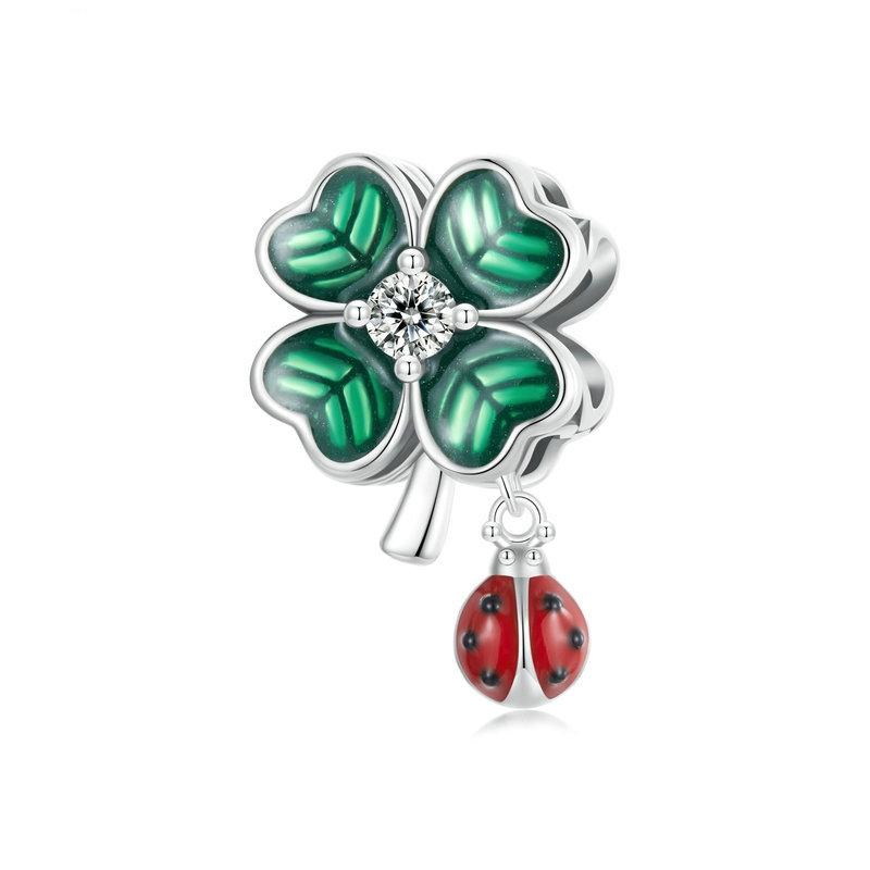 Ladybird Four Leaf Clover Sterling Silver CZ Bead Charm Bracelet Necklace