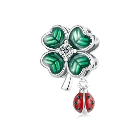 Ladybird Four Leaf Clover Sterling Silver CZ Bead Charm Bracelet Necklace