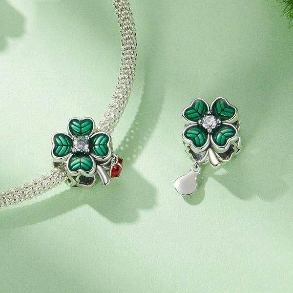 Ladybird Four Leaf Clover Sterling Silver CZ Bead Charm Bracelet Necklace