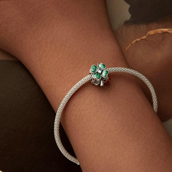 Ladybird Four Leaf Clover Sterling Silver CZ Bead Charm Bracelet Necklace