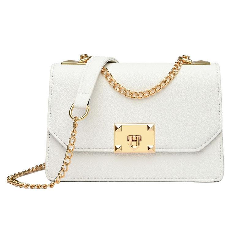 Faux PU Leather Square Flap Lock Shoulder Crossbody Bag For Women White