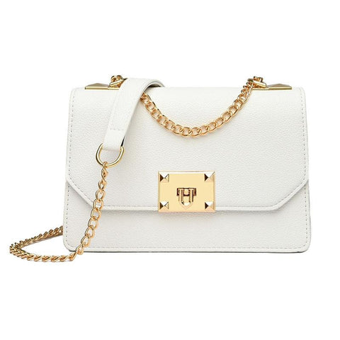 Faux PU Leather Square Flap Lock Shoulder Crossbody Bag For Women White