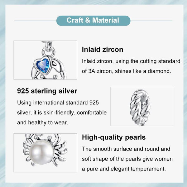 Crab Heart Pearl Sterling Silver Bead Charm Bracelet Necklace Pendant
