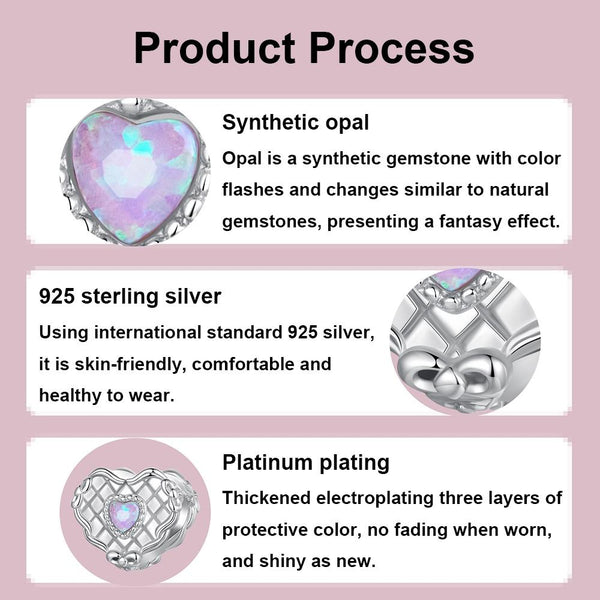 Love Heart Sterling Silver Synthetic Opal Bead Charm Bracelet Necklace