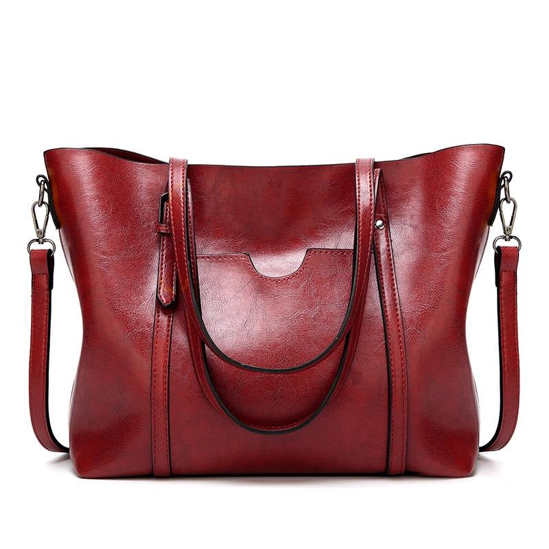 Wax Finish Faux PU Leather Tote Shoulder Bag Handbag Buckle Detail Wine Red