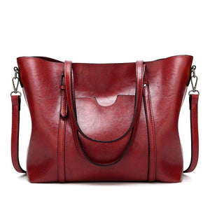 Wax Finish Faux PU Leather Tote Shoulder Bag Handbag Buckle Detail Wine Red