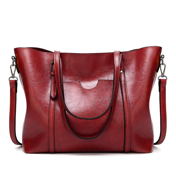 Wax Finish Faux PU Leather Tote Shoulder Bag Handbag Buckle Detail Wine Red