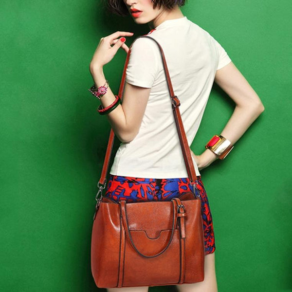 Wax Finish Faux PU Leather Tote Shoulder Bag Handbag Buckle Detail Wine Red