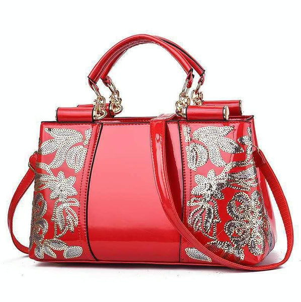 Patent Look PVC Shoulder Bag Handbag Floral Sequin Pattern Metal Accents Red