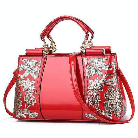 Patent Look PVC Shoulder Bag Handbag Floral Sequin Pattern Metal Accents Red
