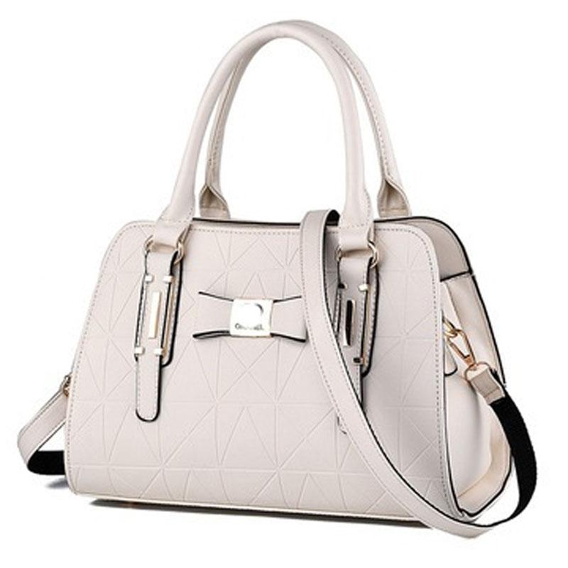 Faux PU Leather Embossed Bowknot Tote Shoulder Bag Handbag Off White