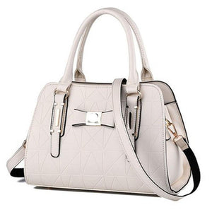 Faux PU Leather Embossed Bowknot Tote Shoulder Bag Handbag Off White