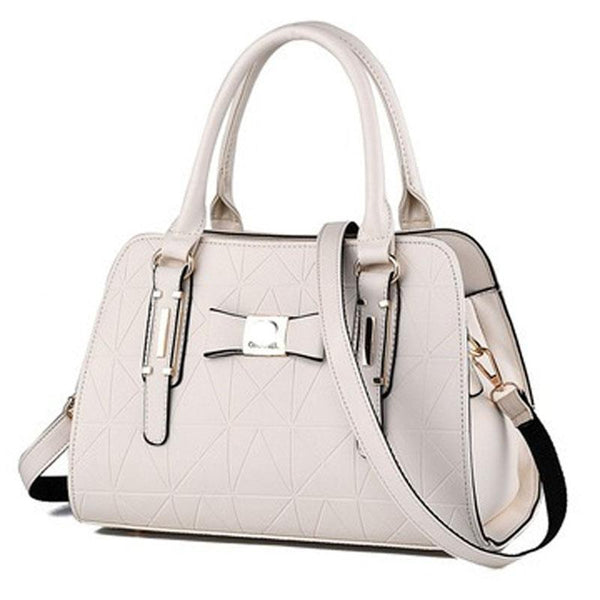 Faux PU Leather Embossed Bowknot Tote Shoulder Bag Handbag Off White