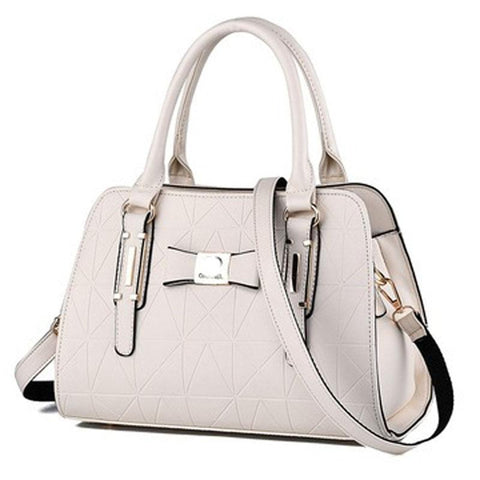 Faux PU Leather Embossed Bowknot Tote Shoulder Bag Handbag Off White