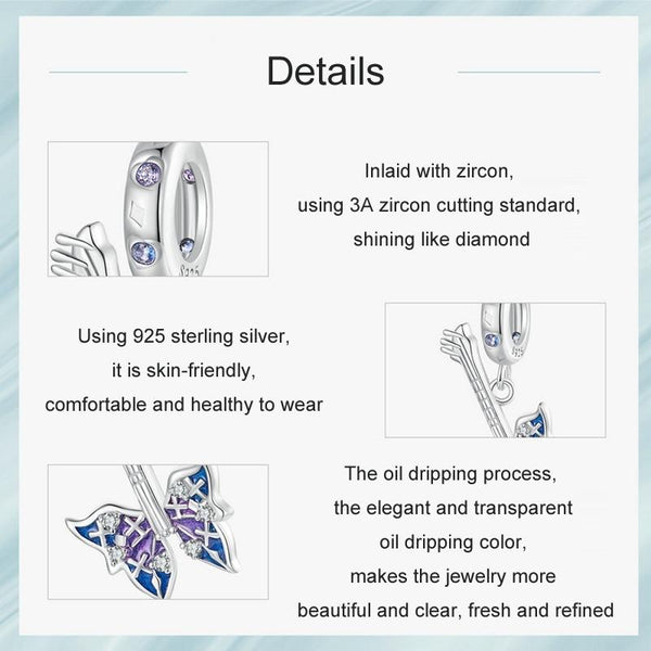 Bass Guitar Butterfly Sterling Silver Zircon CZ Bead Charm Pendant Bracelet Necklace