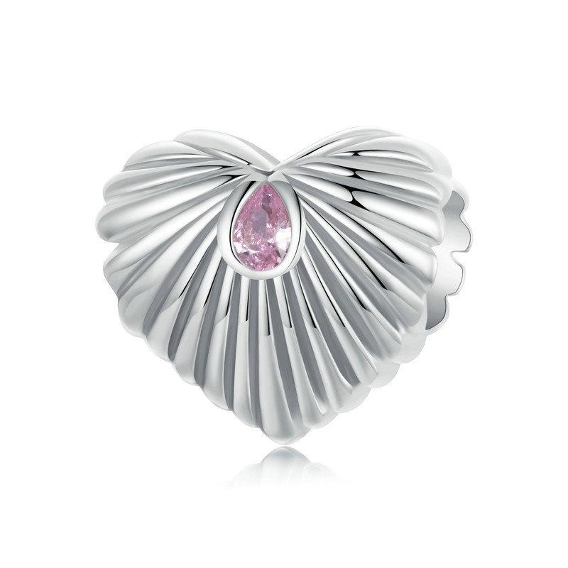 Ribbed Heart Sterling Silver CZ Bead Charm Bracelet Necklace Pendant