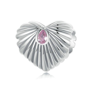 Ribbed Heart Sterling Silver CZ Bead Charm Bracelet Necklace Pendant