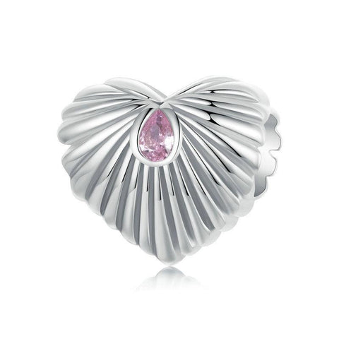 Ribbed Heart Sterling Silver CZ Bead Charm Bracelet Necklace Pendant