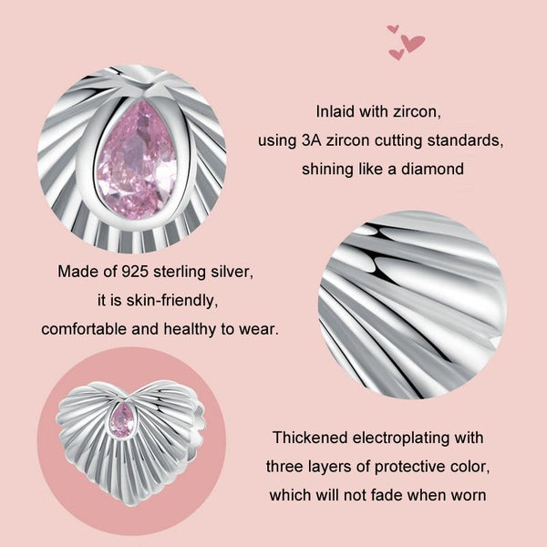Ribbed Heart Sterling Silver CZ Bead Charm Bracelet Necklace Pendant