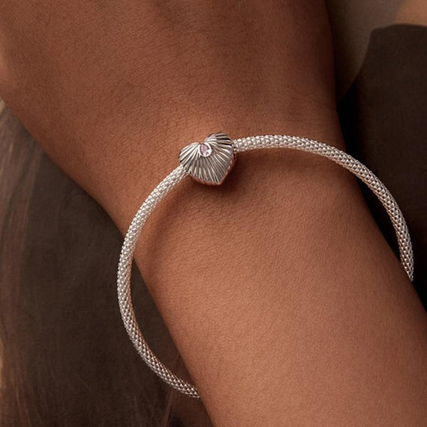 Ribbed Heart Sterling Silver CZ Bead Charm Bracelet Necklace Pendant