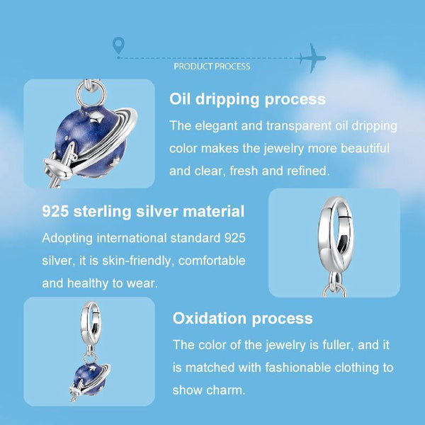 Globe Travel Aeropance Enamel Sterling Silver Bead Charm Bracelet Necklace