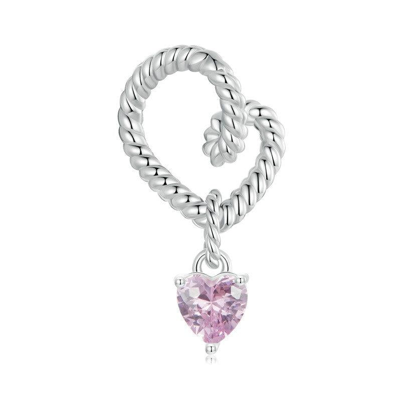 Twisted Rope Heart Sterling Silver CZ Bead Charm Bracelet Necklace Pendant