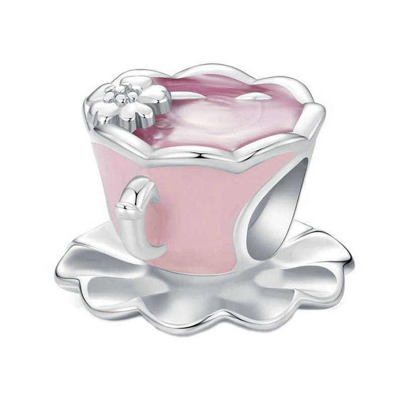 Teacup Coffee Cup Enamel Sterling Silver Bead Charm Bracelet Necklace Pendant