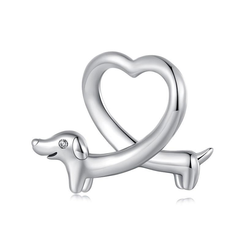 Dachshund Love Heart Sterling Silver Bead Charm Bracelet Necklace Pendant