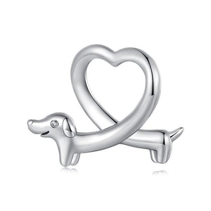 Dachshund Love Heart Sterling Silver Bead Charm Bracelet Necklace Pendant