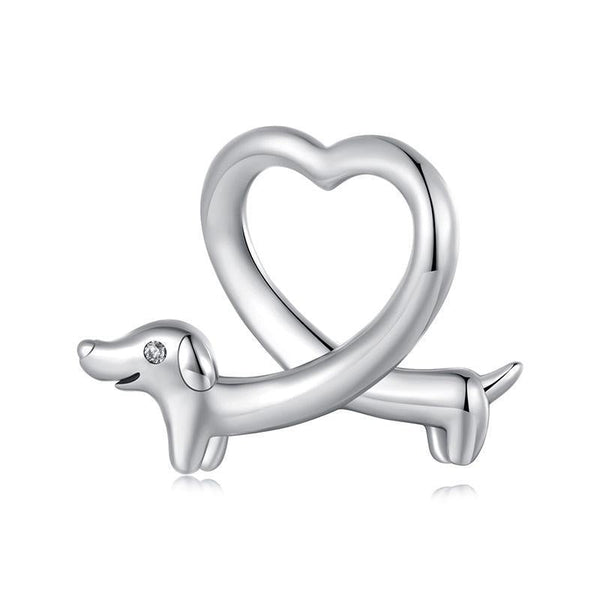 Dachshund Love Heart Sterling Silver Bead Charm Bracelet Necklace Pendant