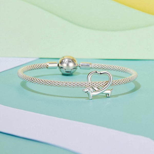 Dachshund Love Heart Sterling Silver Bead Charm Bracelet Necklace Pendant