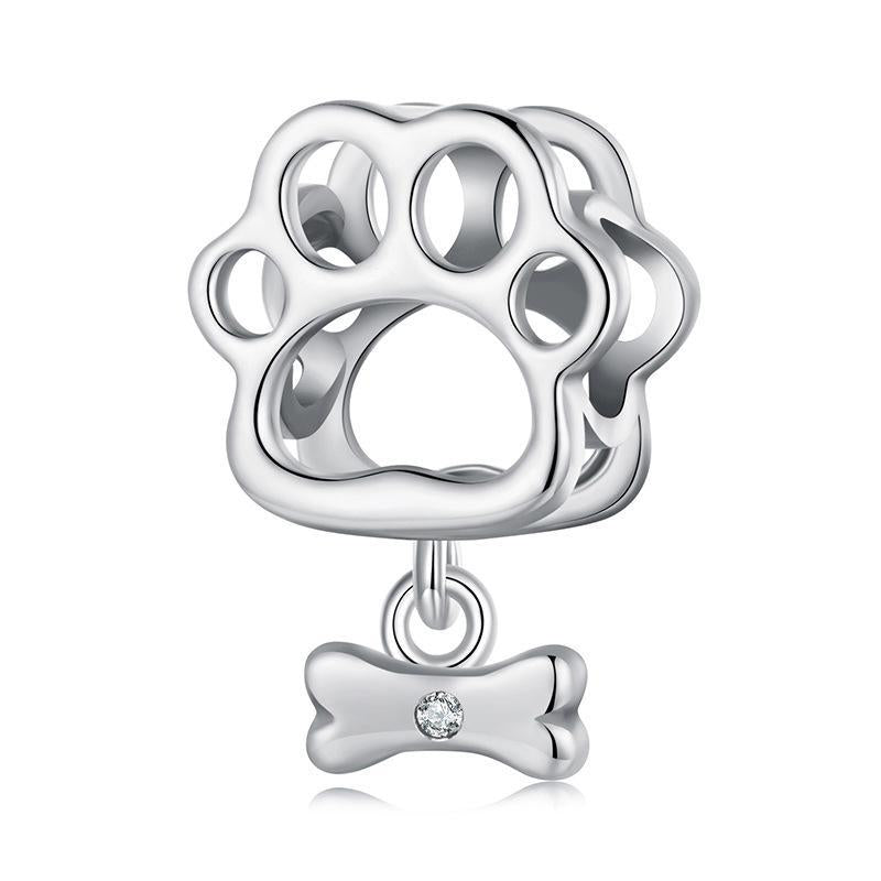 Paw Print Bone Sterling Silver CZ Bead Charm Bracelet Necklace Pendant