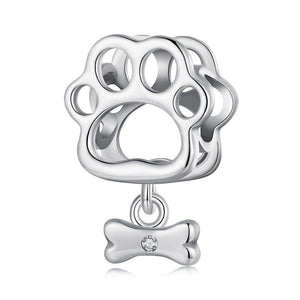 Paw Print Bone Sterling Silver CZ Bead Charm Bracelet Necklace Pendant