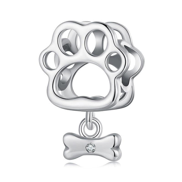 Paw Print Bone Sterling Silver CZ Bead Charm Bracelet Necklace Pendant