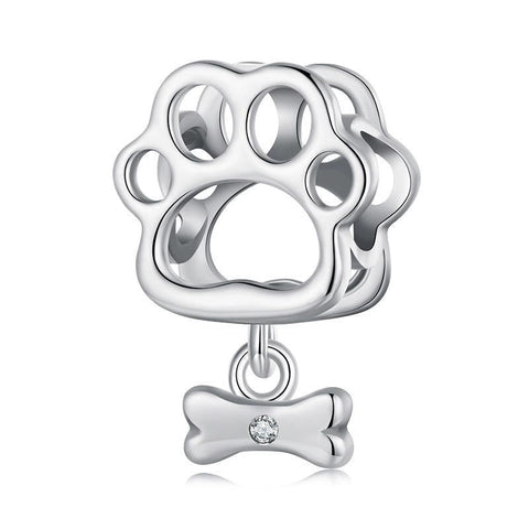 Paw Print Bone Sterling Silver CZ Bead Charm Bracelet Necklace Pendant