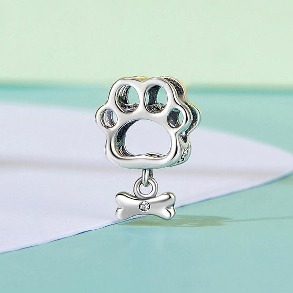 Paw Print Bone Sterling Silver CZ Bead Charm Bracelet Necklace Pendant