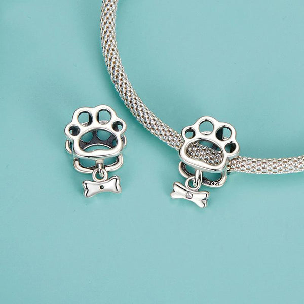 Paw Print Bone Sterling Silver CZ Bead Charm Bracelet Necklace Pendant