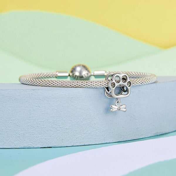 Paw Print Bone Sterling Silver CZ Bead Charm Bracelet Necklace Pendant