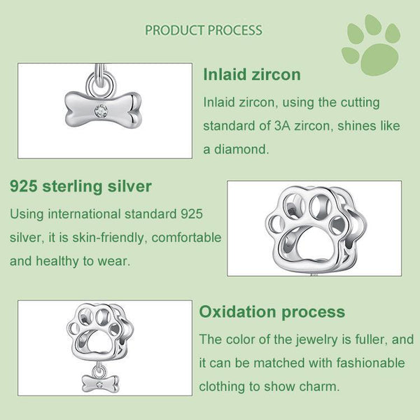 Paw Print Bone Sterling Silver CZ Bead Charm Bracelet Necklace Pendant