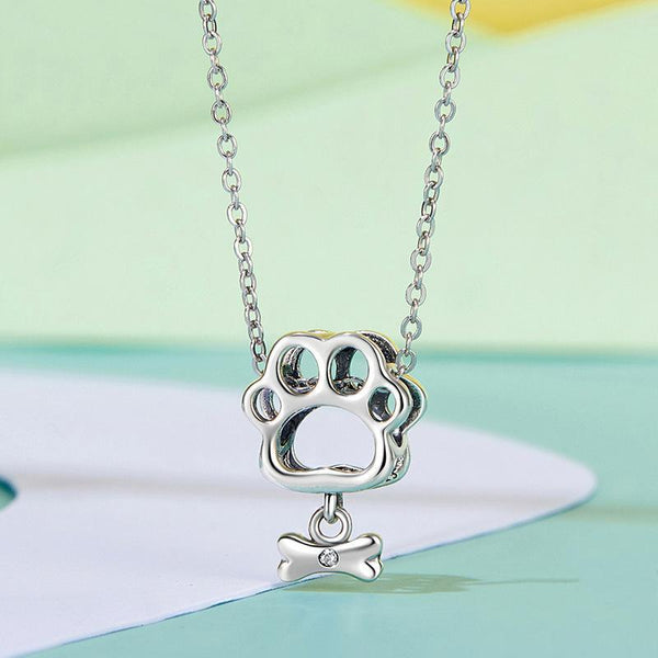 Paw Print Bone Sterling Silver CZ Bead Charm Bracelet Necklace Pendant