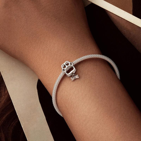 Paw Print Bone Sterling Silver CZ Bead Charm Bracelet Necklace Pendant
