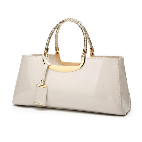 Patent PU Leather Womens Handbag Metal Rope Look Handles Gold Trim White