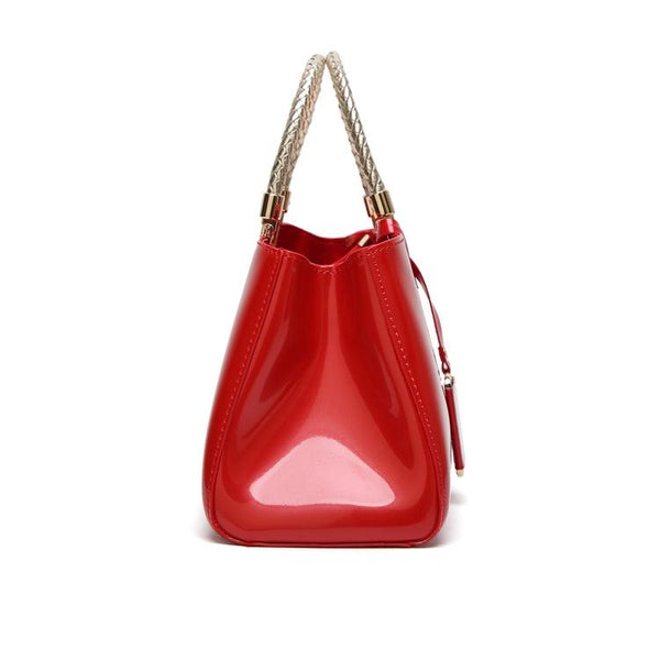 Patent PU Leather Womens Handbag Metal Rope Look Handles Gold Trim White