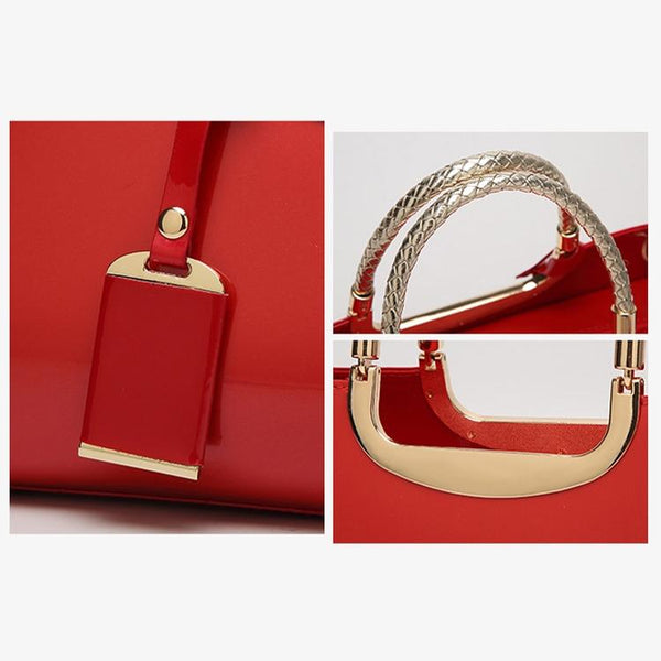 Patent PU Leather Womens Handbag Metal Rope Look Handles Gold Trim White