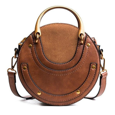 Retro Look Circular Shape PU Leather Mini Shoulder Bag Handbag Brown