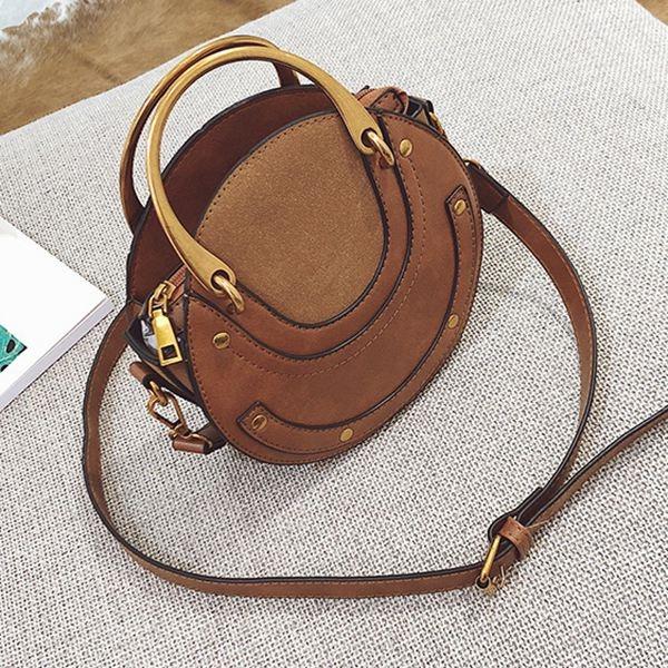 Retro Look Circular Shape PU Leather Mini Shoulder Bag Handbag Brown