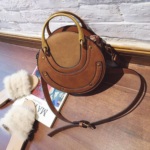 Retro Look Circular Shape PU Leather Mini Shoulder Bag Handbag Brown