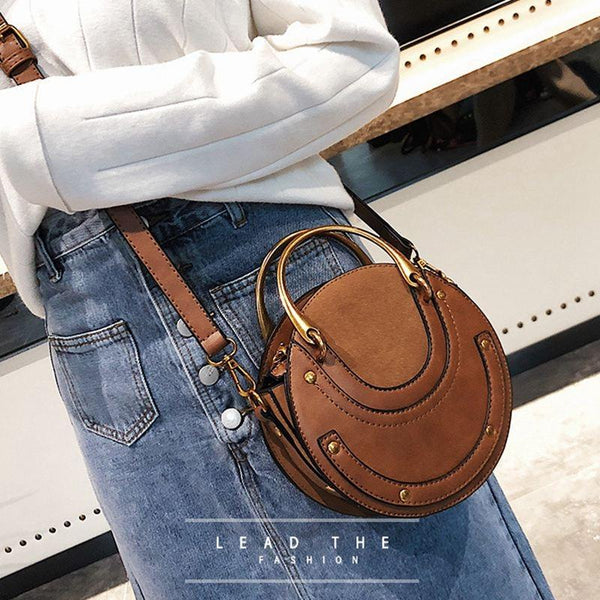 Retro Look Circular Shape PU Leather Mini Shoulder Bag Handbag Brown
